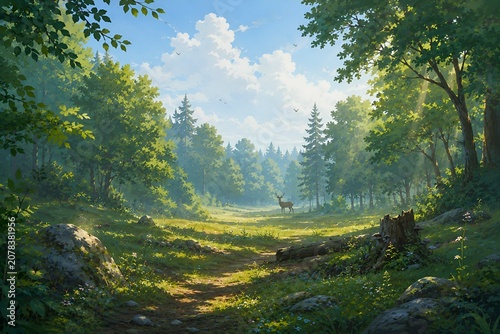 Morning in the woods forest sky summer landscape rural outdoors blue grass trees tree nature green pine woods day.