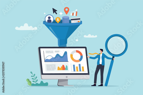 Businessman analyzing business data funnel with magnifying glass on computer screen Vector, illustration