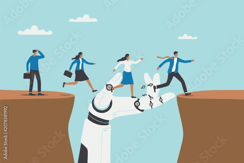 Business people walking over a large robot hand bridge across a deep gap Vector, illustration