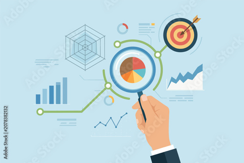 Business hand holding a magnifying glass to analyze marketing data charts and target goals Vector, illustration