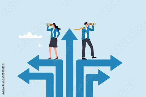 Business man and woman looking through binoculars at multiple direction arrows for future strategy Vector, illustration