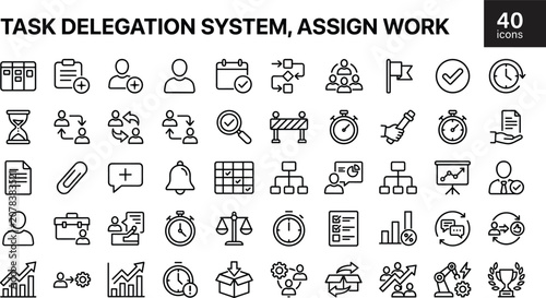 Task Delegation System Assign Work Outline Icon Set With Workflow Team Management And Productivity Symbols