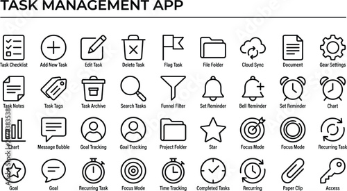 Task management app outline icon set with checklist, reminders, folders, goals, time tracking and productivity symbols