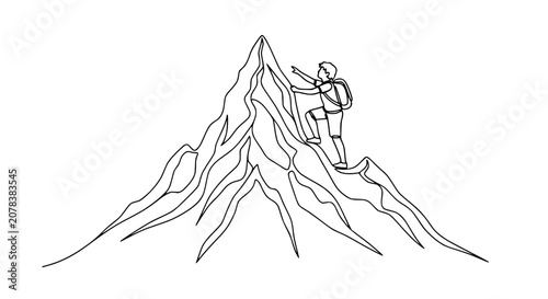 Cuadro en lienzo Solo hiker reaches mountain peak, pointing upwards, minimalist line art style