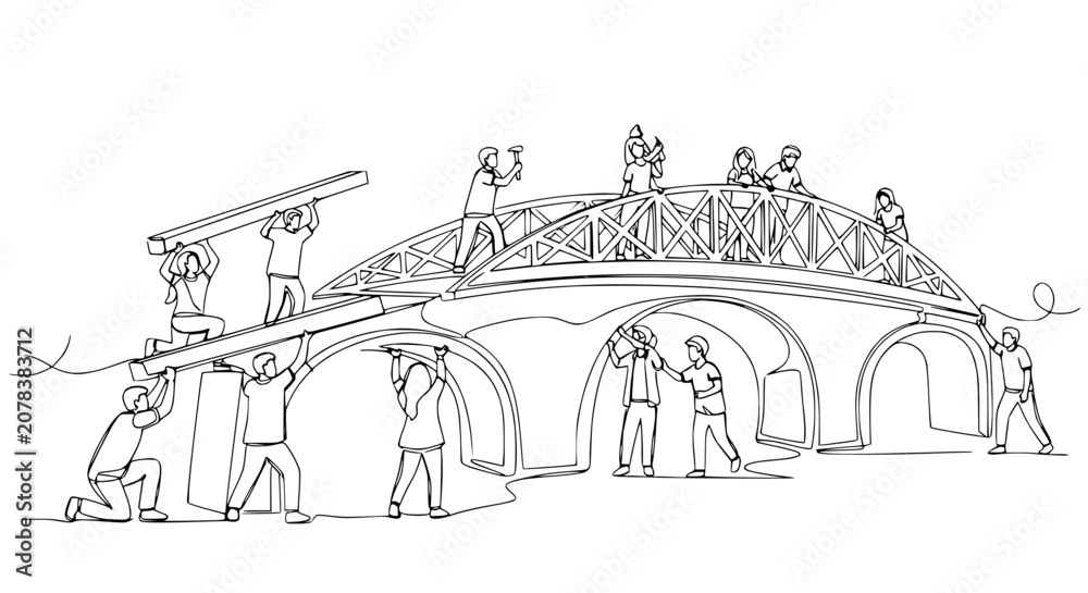 Obraz premium Teamwork building bridge, construction project, collaboration, engineering, infrastructure development
