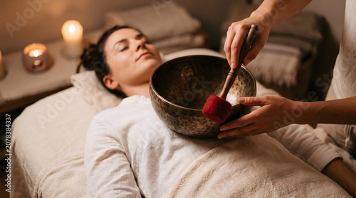 Woman receiving sound healing therapy with a Tibetan singing bowl placed on her chest during a relaxing wellness spa session.