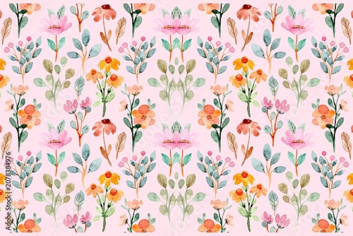 Tableau sur toile Colorful watercolor botanical seamless pattern with assorted flowers and green l