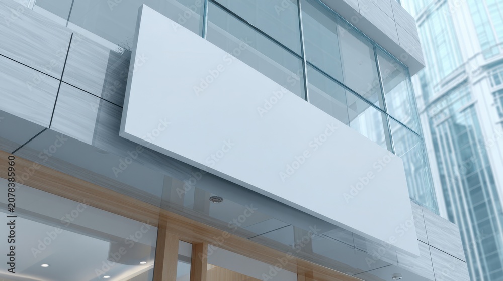 Fototapeta premium Blank White Signboard on Modern Glass Building Facade.