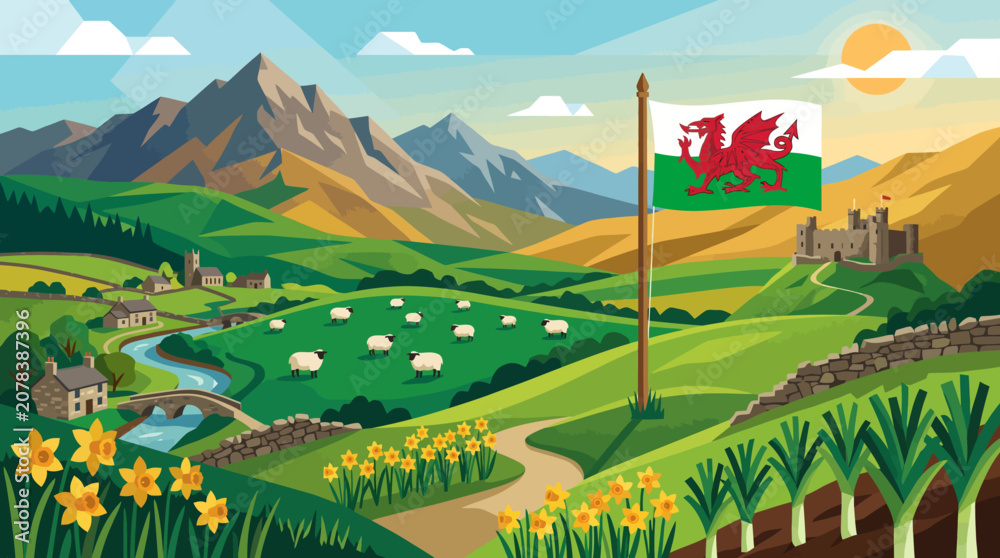 Fototapeta premium Beautiful Welsh landscape with flag of Wales mountains and daffodils.