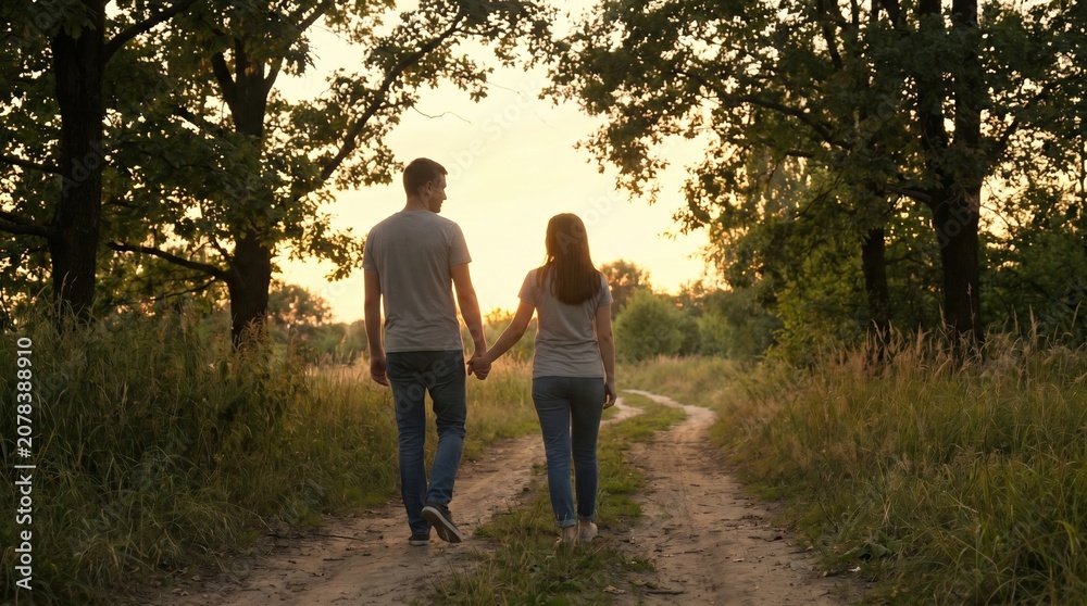 Fototapeta premium Young Caucasian Couple Walking Hand in Hand on Dirt Path at Sunset in Nature Representing Romantic Relationship and Togetherness