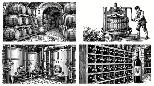 Vintage Wine Production and Storage Processes Engraving Illustration.