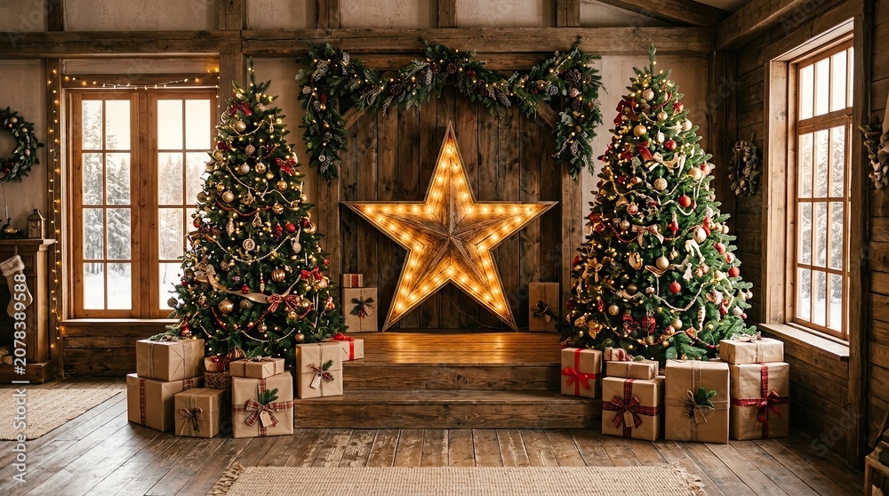Fototapeta premium Cozy christmas scene with decorated trees presents and star light in rustic room