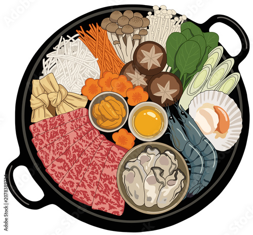 Premium Japanese hot pot Sukiyaki platter with marbled beef, fresh seafood, scallops, shrimps, oysters, uni, and mixed mushrooms in a black pan