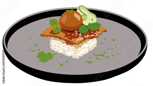 Gourmet Asian fusion dish with rice, grilled meat, and egg elegantly served on a dark plate. Fine dining and food styling concept