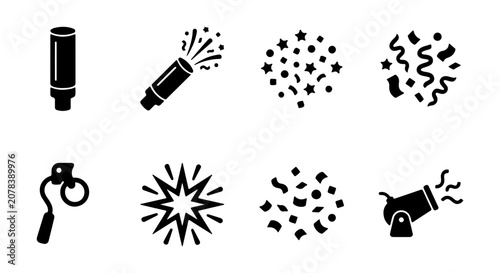Party Popper and Confetti Icons Set, Celebration Blast Vector Graphics, Festive Event Symbols