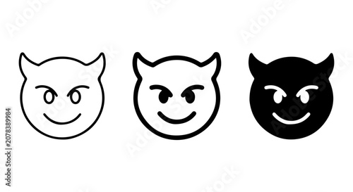 Devil Face Icons, Simple Vector Graphics, Black and White Emoticons, Evil Grin Symbols