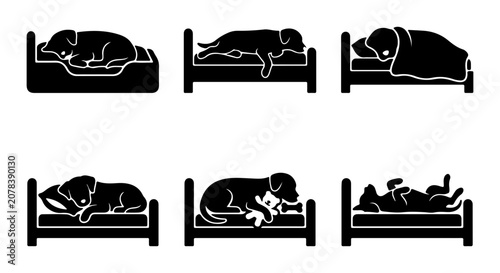 Vector Dog Sleeping Poses Collection, Cozy Bed Silhouettes, Relaxed Canine Comfort Icons