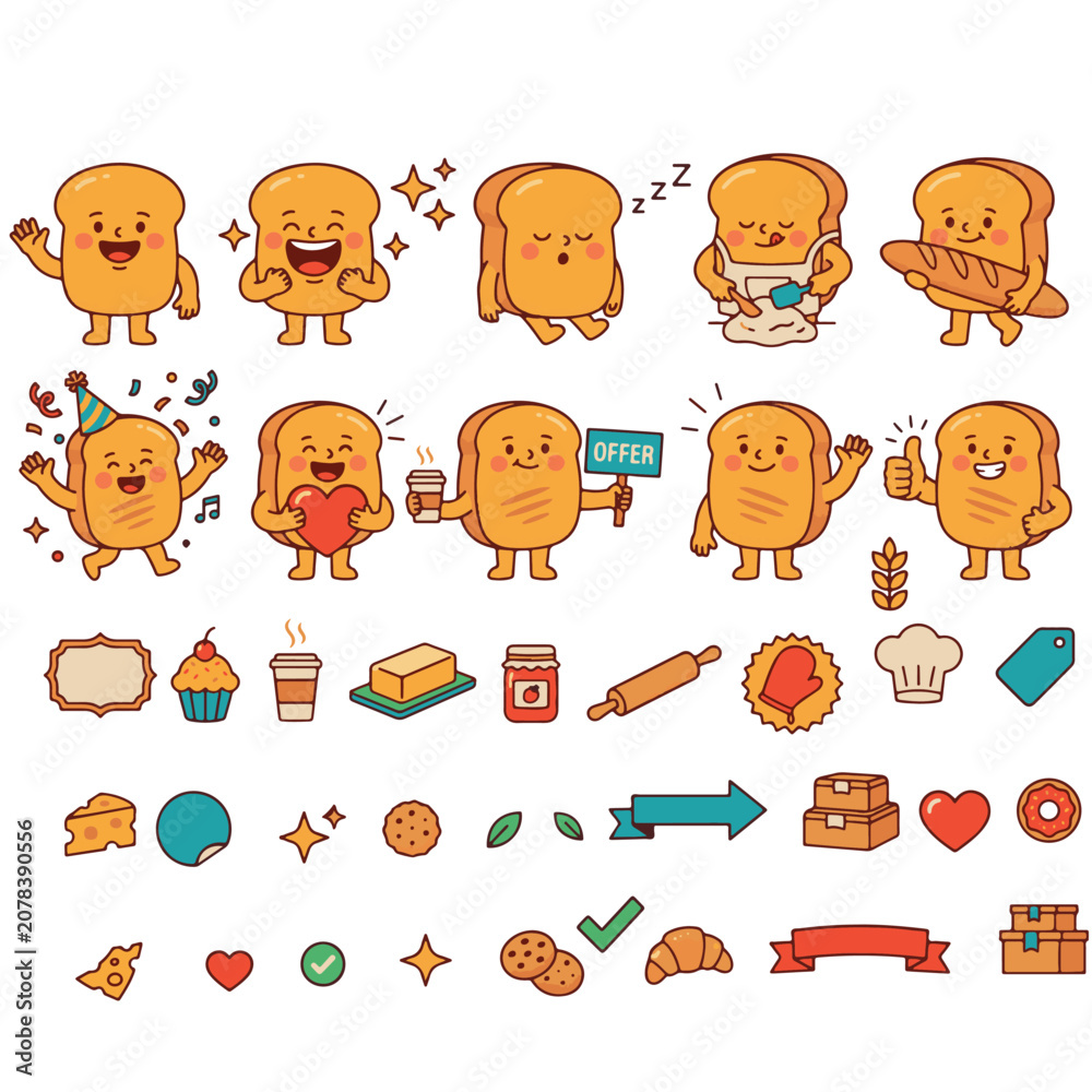 Fototapeta premium Cute Sliced Bread Toast Character Mascot and Bakery Breakfast Element Set 