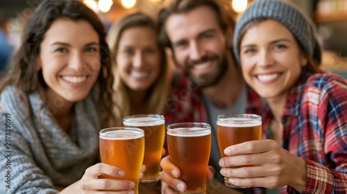 group of people cheering and drinking beer at bar pub table -Happy young friends enjoying happy hour at brewery restaurant-Youth culture-Life style food and beverage.