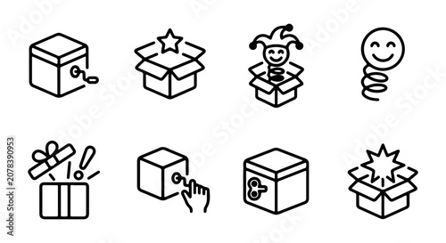 Fotografía Surprise Box Icons, Jack-in-the-Box Vector Graphics, Gift Reveal Line Art Set