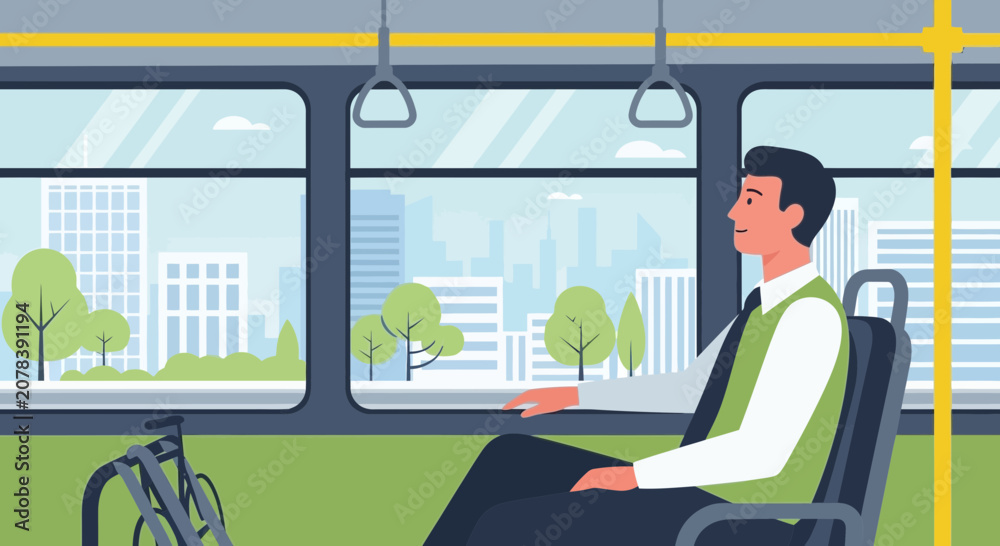 Fototapeta premium Man on Bus Looking Out Window, Cityscape View, Public Transport