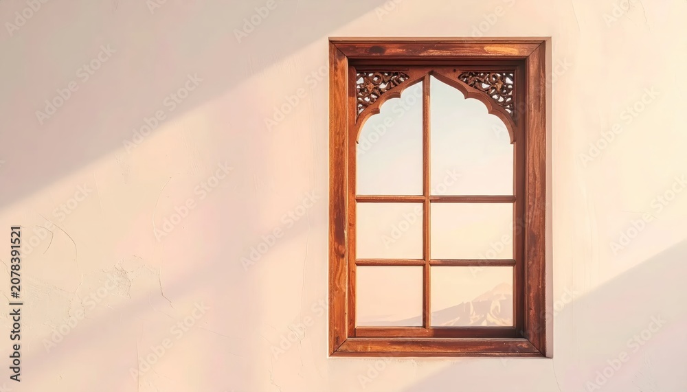 Obraz premium Ornate Wooden Window Frame with Intricate Carvings and Sunlight Shadows.