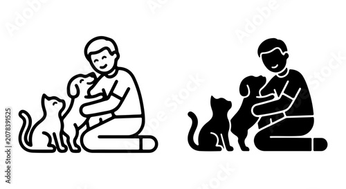 Human Pet Love Icon Set, Person Embracing Dog and Cat, Companion Animal Care Vector