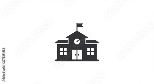真っ白な背景に黒一色で力強く描かれた学校の建物アイコン 教育と学びの象徴として屋根の旗と時計が印象的なフラットデザイン 学術的な概念や教育関連プロジェクトに視覚的魅力を加えるシンプルで明確なグラフィック. AI Generated