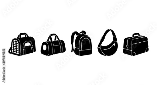 Foto Vector Set of 5 Black Luggage Icons, Travel Bags, Backpacks, and Suitcases