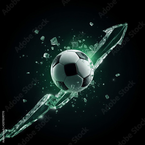 Soccer Ball Breaking Through Glass Arrow Symbolizing Performance Growth and Competitive Success