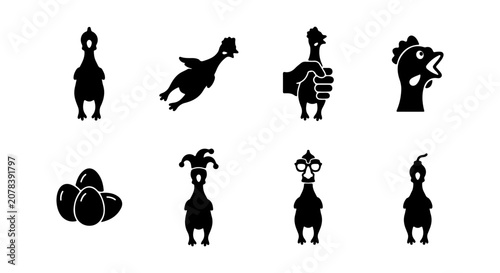 фотографія Rubber Chicken Icons, Squeaky Toy Vector Set, Funny Animal Silhouettes, Playful