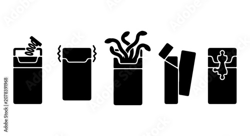 Bild auf Leinwand Cigarette Pack Icons, Smoking Health Hazard Symbols, Addiction Warning Vector Gr
