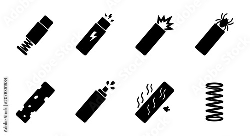 Bild auf Leinwand Energy Shock and Spring Icons: Electrical Discharge, Insect Bite, Spray, and Coi