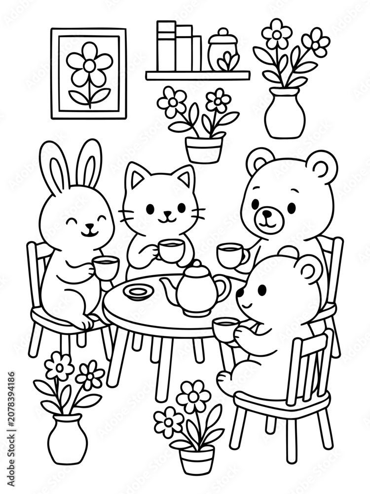 Fototapeta premium Cute Animals Having Tea Party: Adorable cartoon animals including a bunny, cat, and bears enjoy a delightful tea party around a small table, complete with teacups and a teapot.