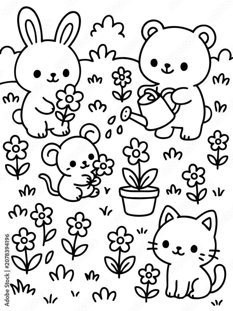 Fototapeta premium Cute Garden Animals: A whimsical illustration features adorable cartoon animals like a bunny, bear, mouse, and cat enjoying a day in a garden, watering flowers and playing amongst blossoms.