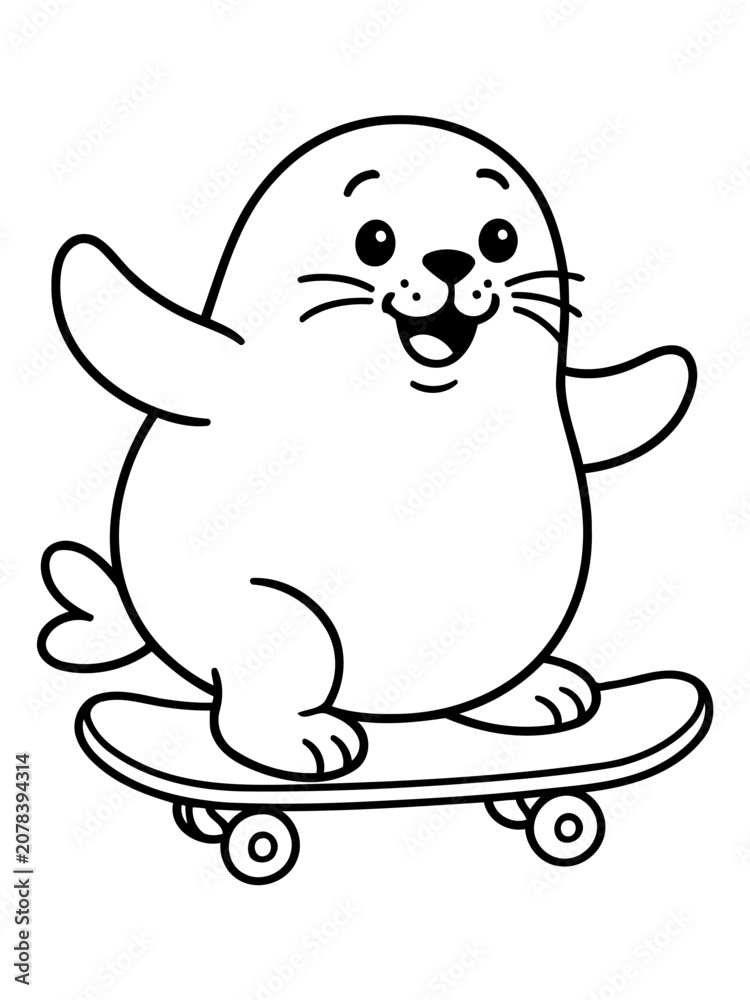 Obraz premium Cartoon Seal on Skateboard: A cute, smiling cartoon seal is joyfully riding a skateboard, with its flippers spread wide for balance.