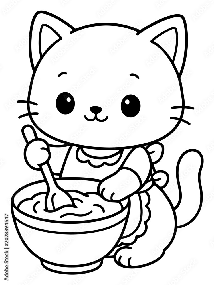 Fototapeta premium Cute Cat Baking: A charming, cartoon-style cat wearing an apron happily stirs a bowl of batter, ready to bake a delicious treat.