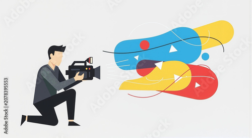 Man creating colorful abstract video content with camera equipment symbolizing digital media production and creative workflow.