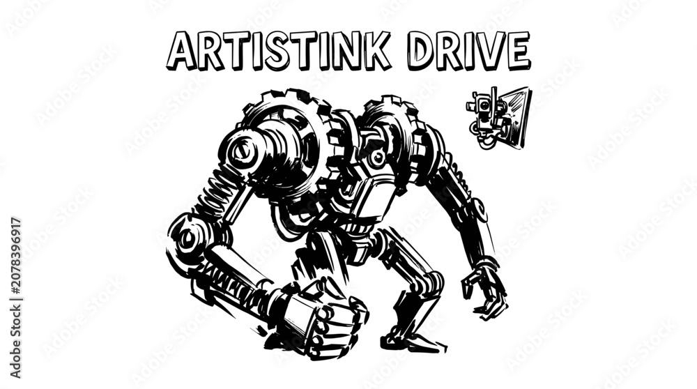Fototapeta premium Robot mech ink design. Artistink drive graphic print. Industrial steampunk artwork.