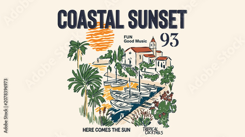Coastal sunset vintage artwork. Mediterranean village t shirt design. Summer beach harbor.