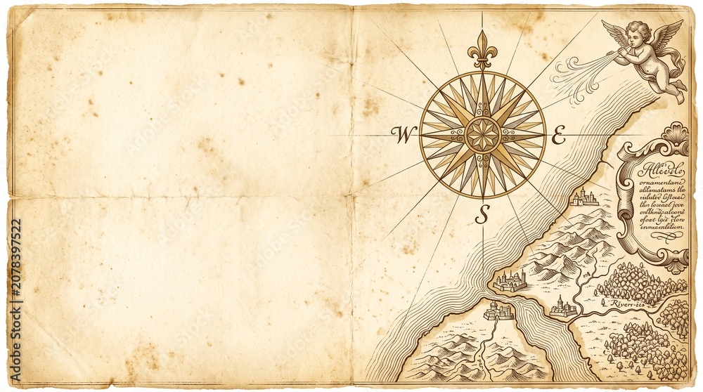 Fototapeta premium Historic Semiquincentennial vintage map on aged parchment for 250th USA anniversary, featuring a nautical compass and discovery theme in an antique colonial aesthetic.
