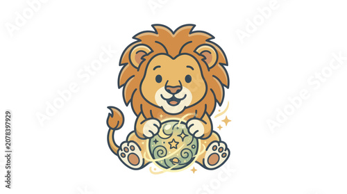 Fotografie Cartoon lion sitting with globe.