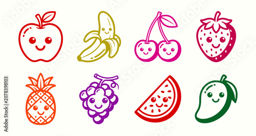 Cute Kawaii Fruit Logo Icon Bundle, Smiling Cartoon Apple, Banana, Strawberry, Cherry, Pineapple, Grape, Watermelon, Mango Vector Characters for Kids Brand Identity