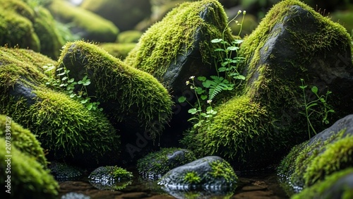 しっとりとした緑の苔に覆われた岩々が柔らかな光を浴びて輝く神秘的な森の奥深い自然風景. AI Generated