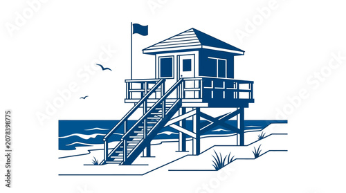 A serene beach scene featuring a lifeguard tower standing tall on stilts overlooking the ocean with seagulls flying overhead.