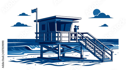 A lifeguard tower stands on stilts over the ocean waves at sunset.