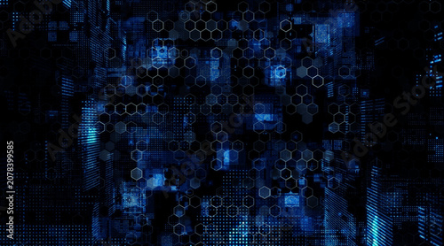 Background material featuring digital technology concepts: DX, AI, IT, data, systems, the future, and cyber.