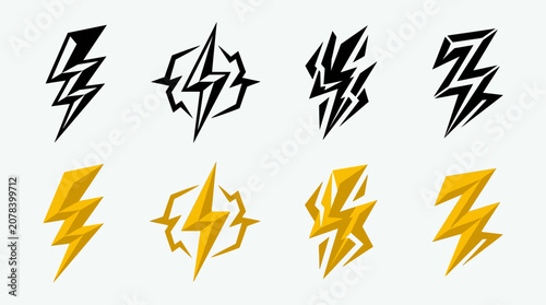 Illustrations of various lightning bolt designs in black and gold colors