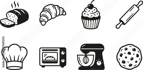 Fotografie Bakery and baking icons set vector with bread croissant cupcake rolling pin chef