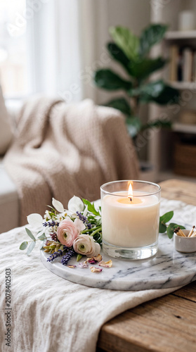 Aromatherapy candle with delicate flowers and matches on a marble tray